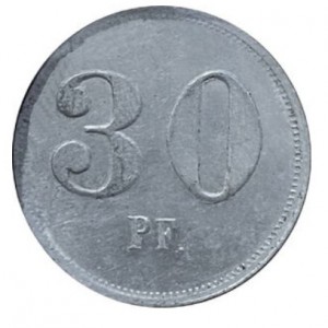Реверс монеты Германия, 30 пфеннигов, 1917, Частный выпуск - Военный потребительский кооператив. На реверсе "PF"