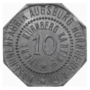 Аверс монеты Германия, 10 пфеннигов, 1917, Частный выпуск - Машиностроительный завод Аугсбург-Нюрнберг. На аверсе "KA…