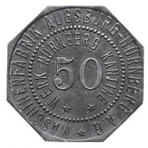Аверс монеты Германия, 50 пфеннигов, 1917, Частный выпуск - Машиностроительный завод Аугсбург-Нюрнберг. На аверсе "KA…